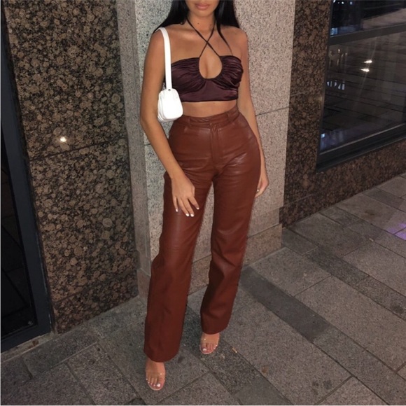 NWT House of CB Inaya Stretch Vegan Leather Trousers in Brown Size Large - Picture 4 of 16